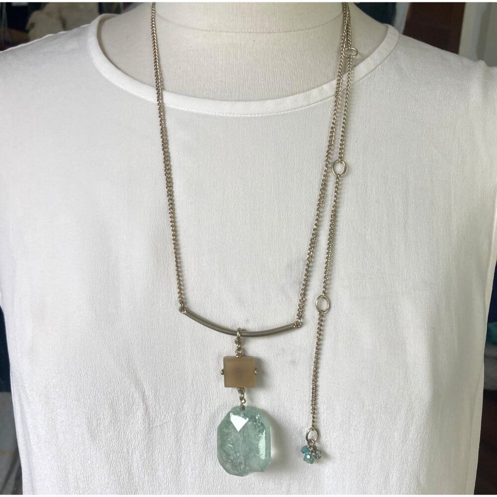 Chicos Long Gold Tone Necklace Chunky Green Translucent Pendant Boho Festival